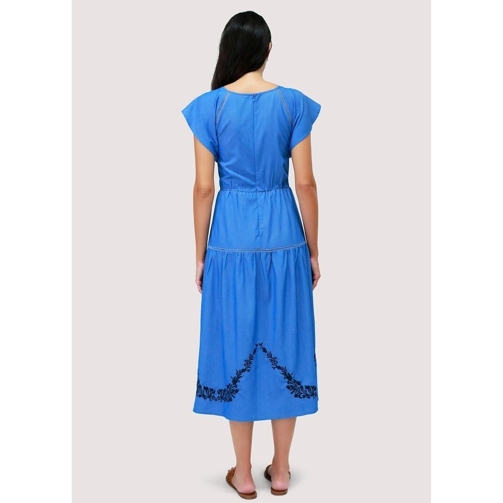NWT Lost + Wander Riviera Midi Dress Blue Embroidered A-line Tiered Pocket Small - Picture 3 of 16